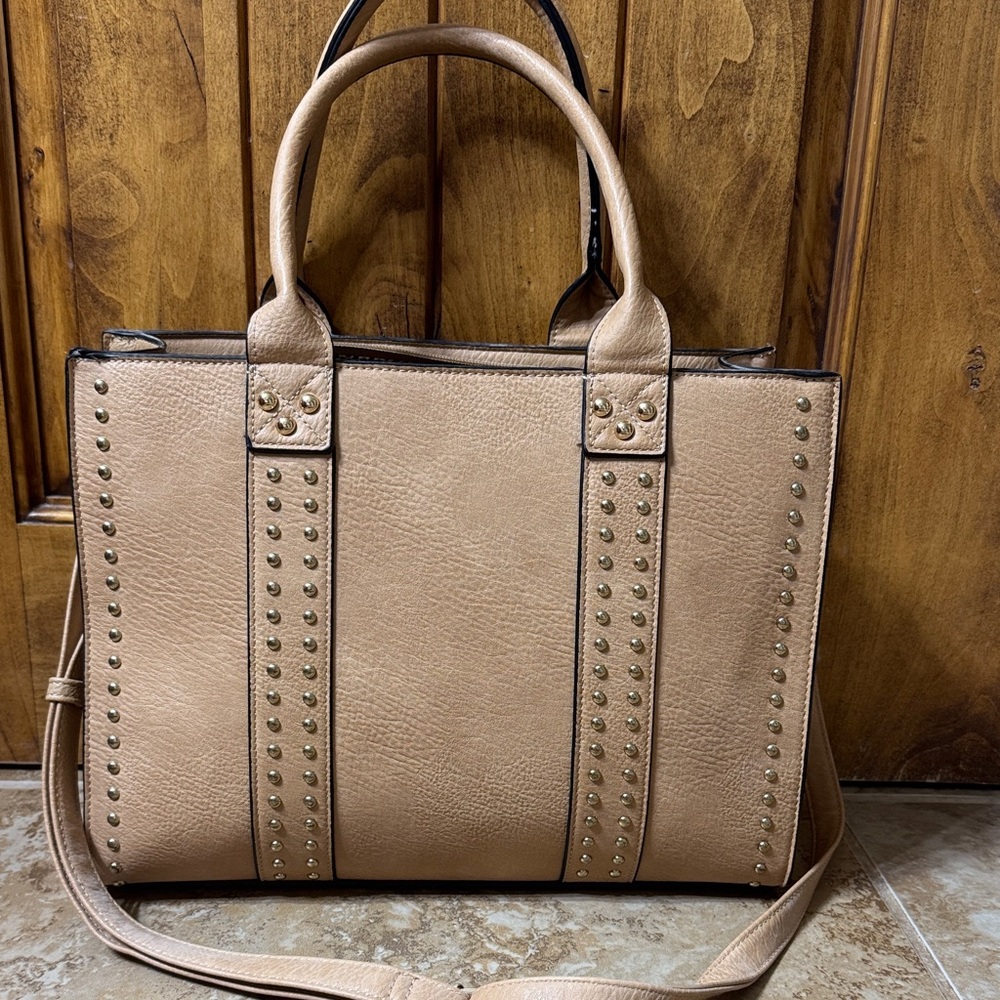 Studded Tan Leather Tote Bag